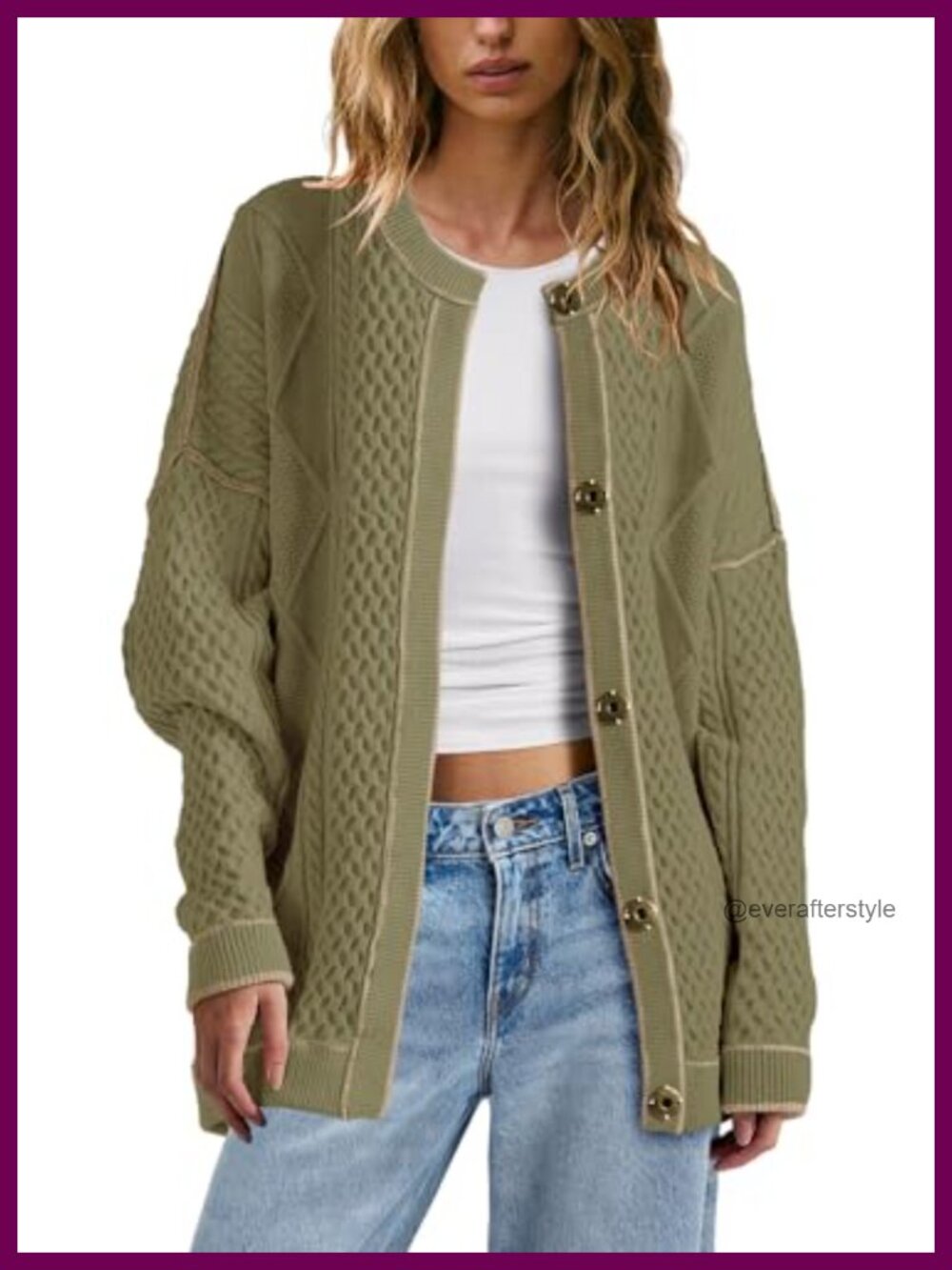 Oversized Cable Knit Cardigan Button Down Lightweight Striped Sweater with